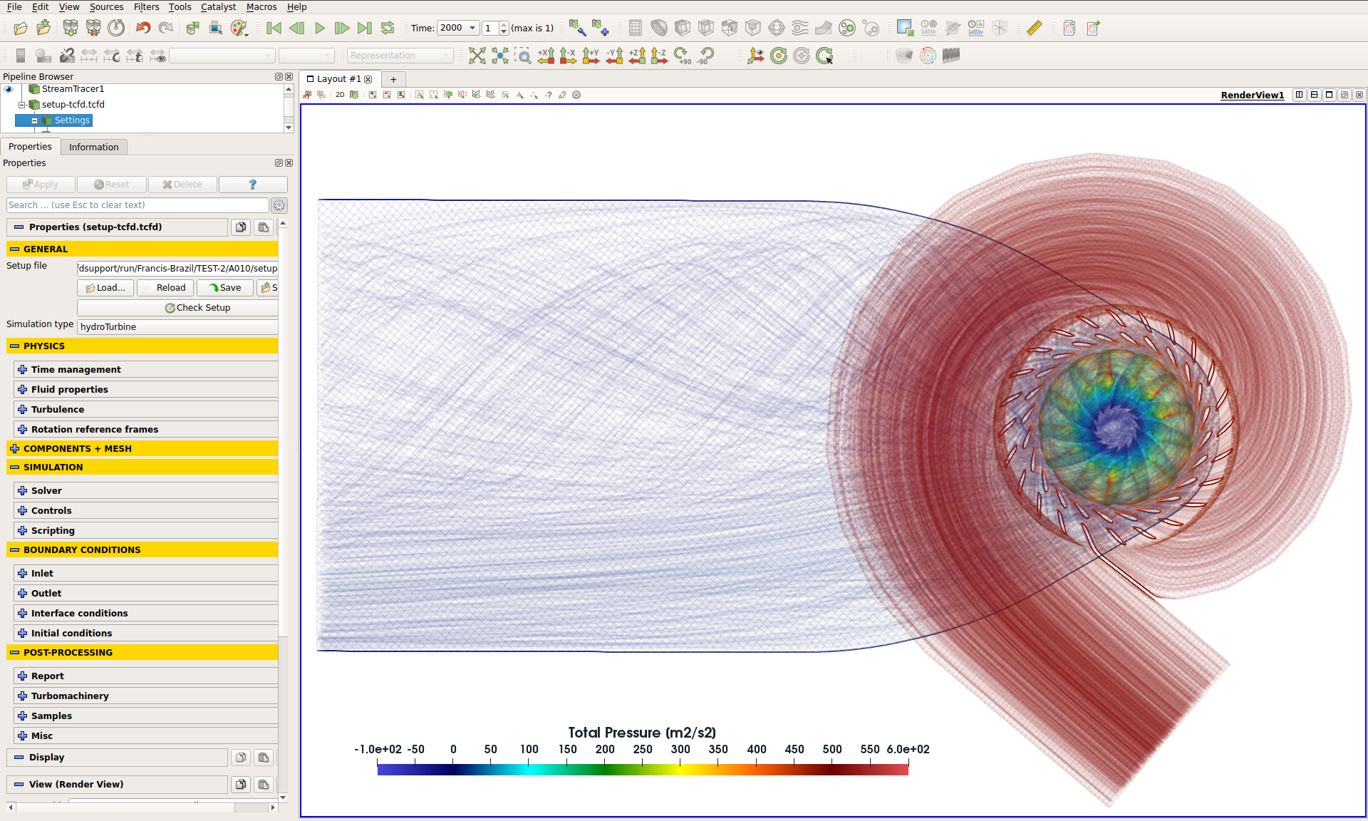 Franci Turbine TCFD Benchmark Streamtraces total pressure GUI top